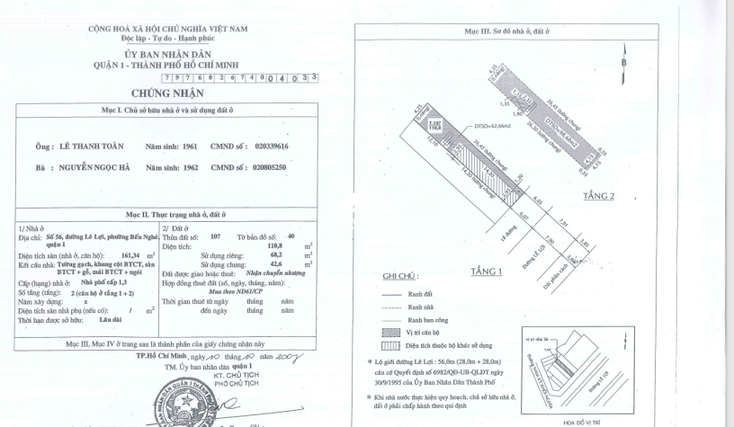 Bán nhà 54-56 Lê Lợi Bến Nghé Quận 1 DT 10x27m, 2 tầng