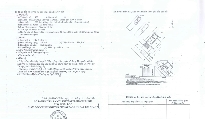 Bán nhà 240AB Pasteur Quận 3 DT 9x37 CN 400m2 Trệt 2 Lầu